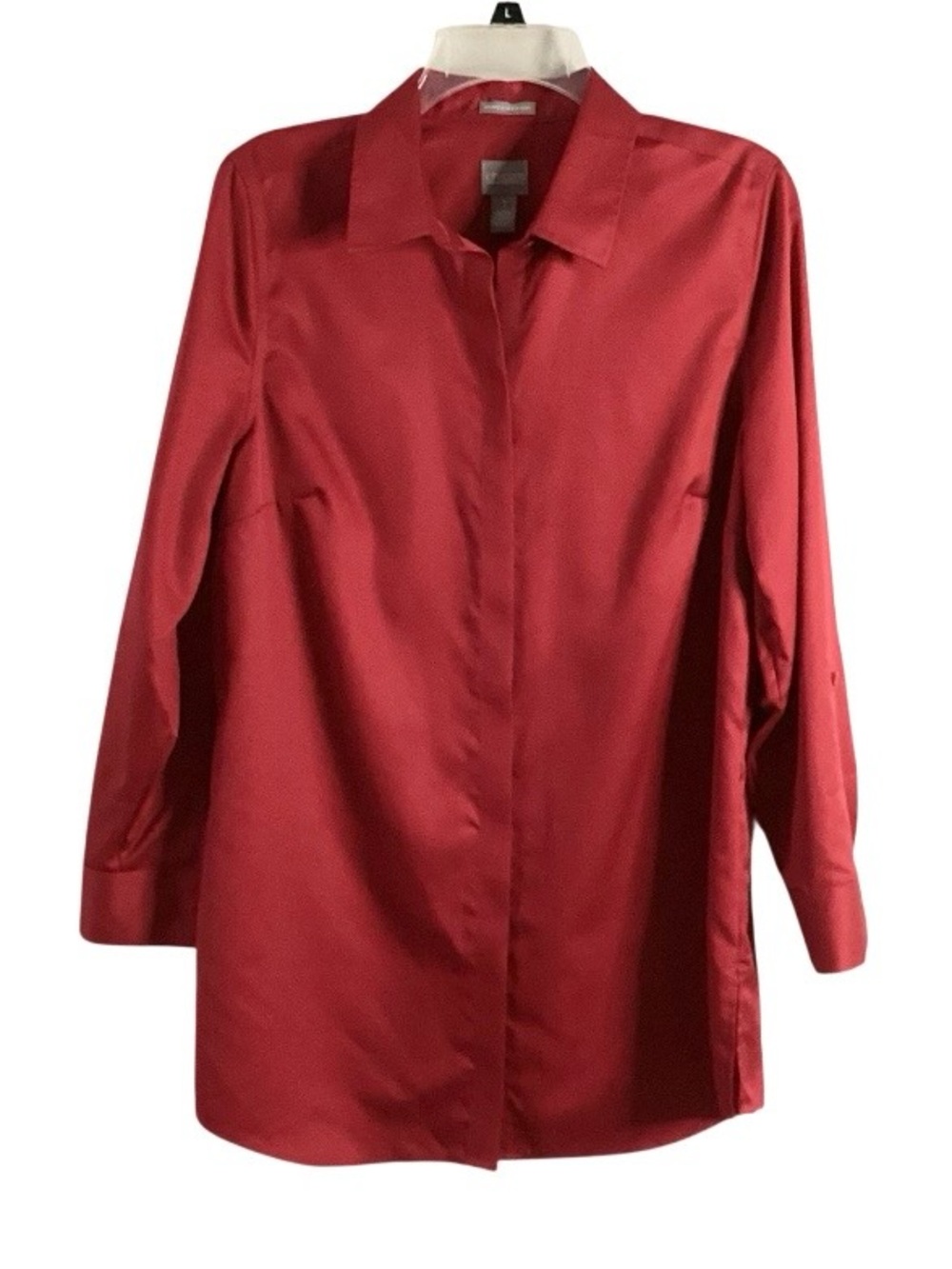 Chico's Wrinkle Resistant Red Collared Longline Hidden Button Shirt Medium